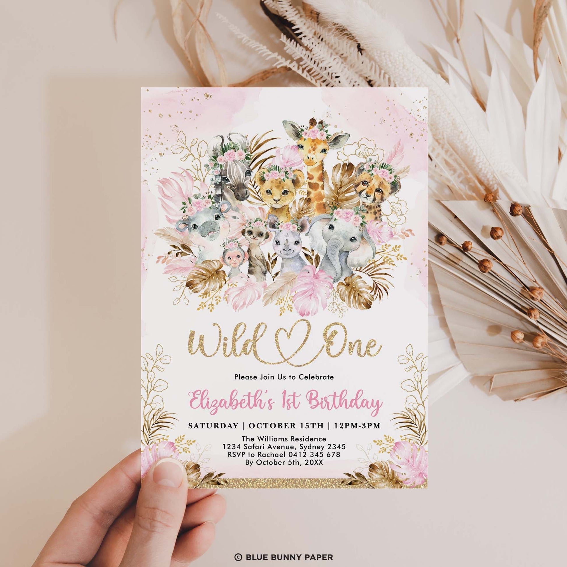 Wild One Pink Safari Birthday Invitation