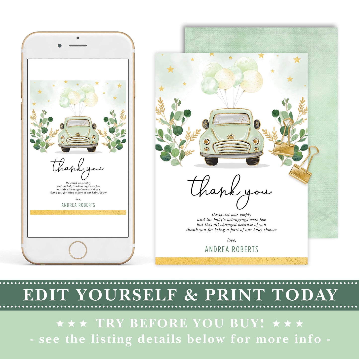 Green Car Baby Shower Thank You Card