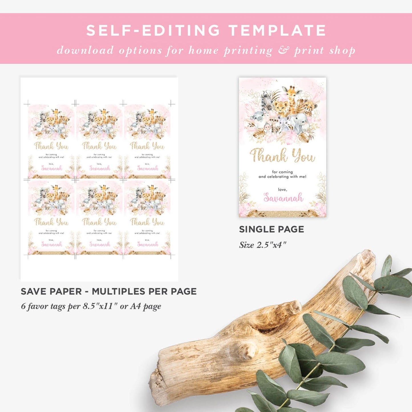 Pink Safari Party Favor Tags