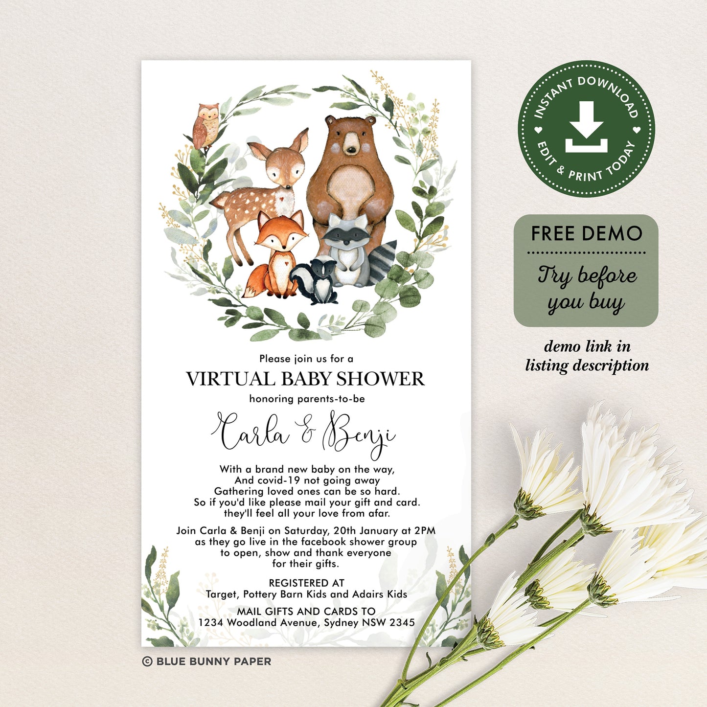 Digital Woodland Baby Shower Invite