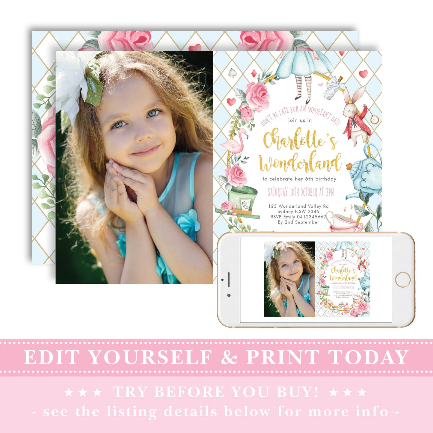 Alice in Wonderland Photo Birthday Invite