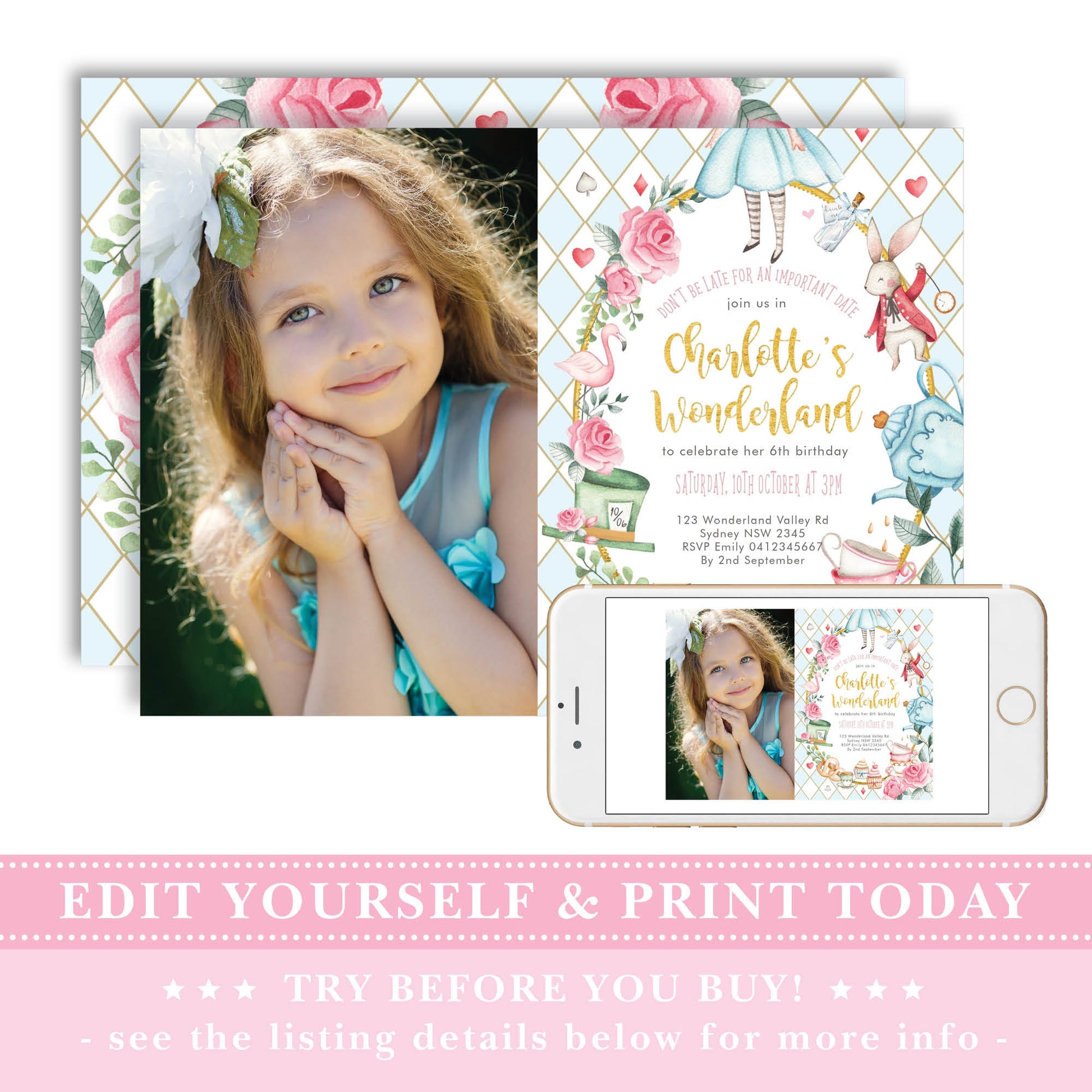 Alice in Wonderland Photo Birthday Invite