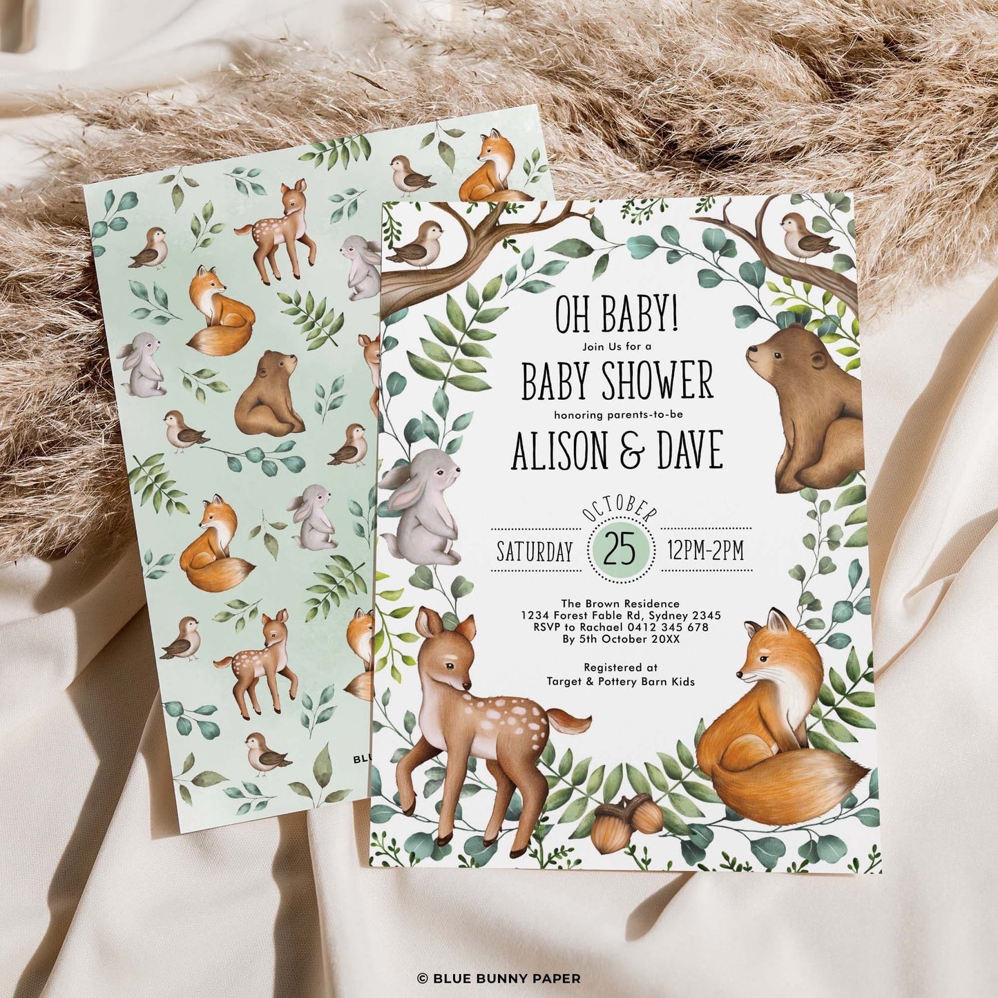Woodland Baby Shower Invitation with backside