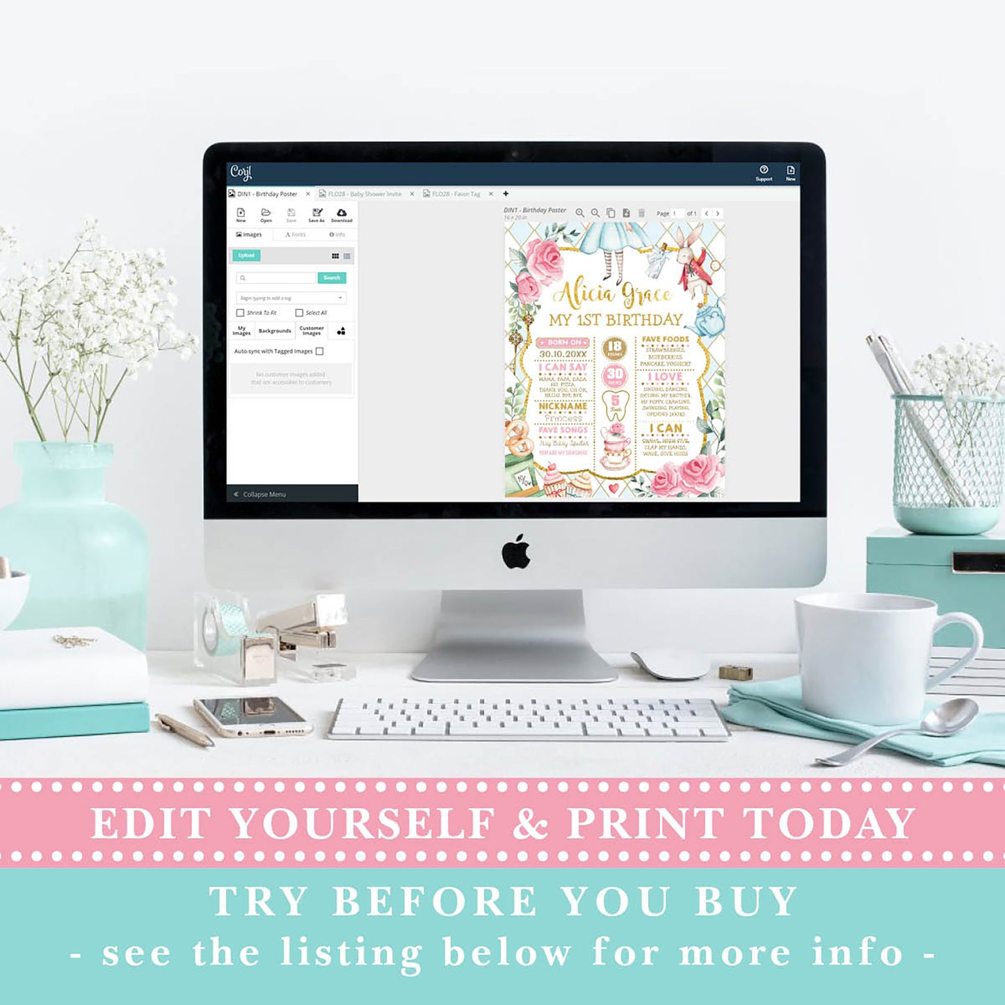 Alice in Wonderland 1st Birthday Milestone Poster