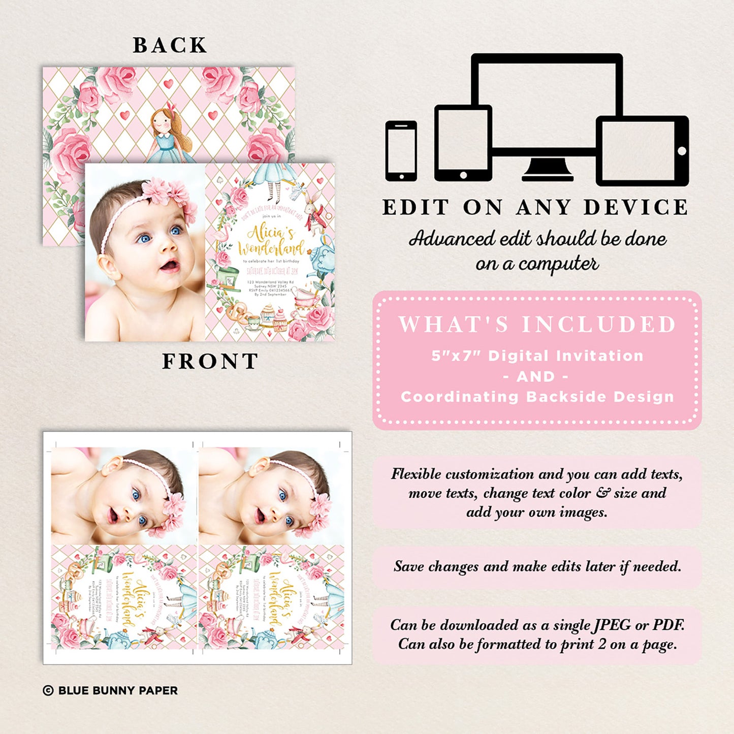 Alice in Wonderland Photo Birthday Invite