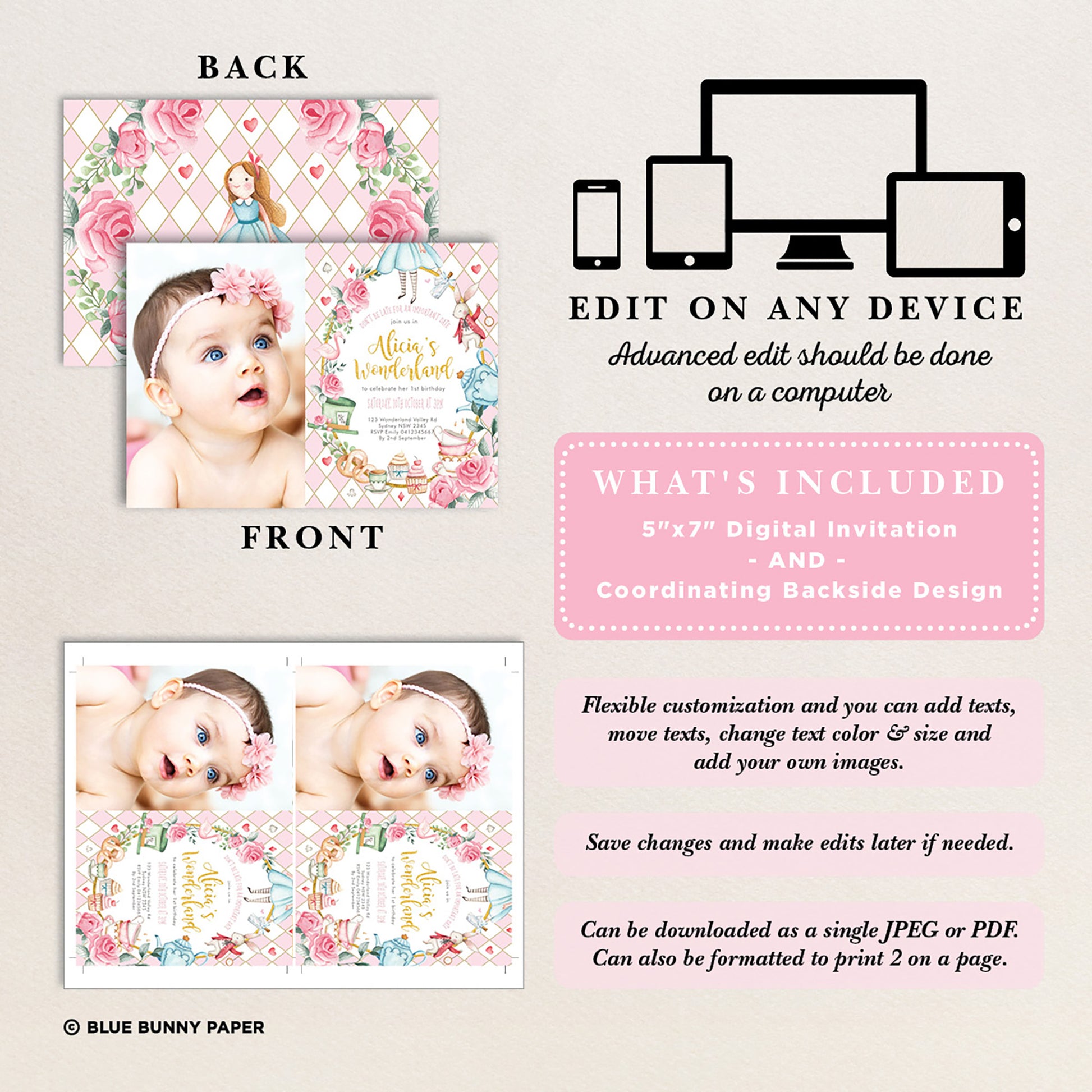 Alice in Wonderland Photo Birthday Invite