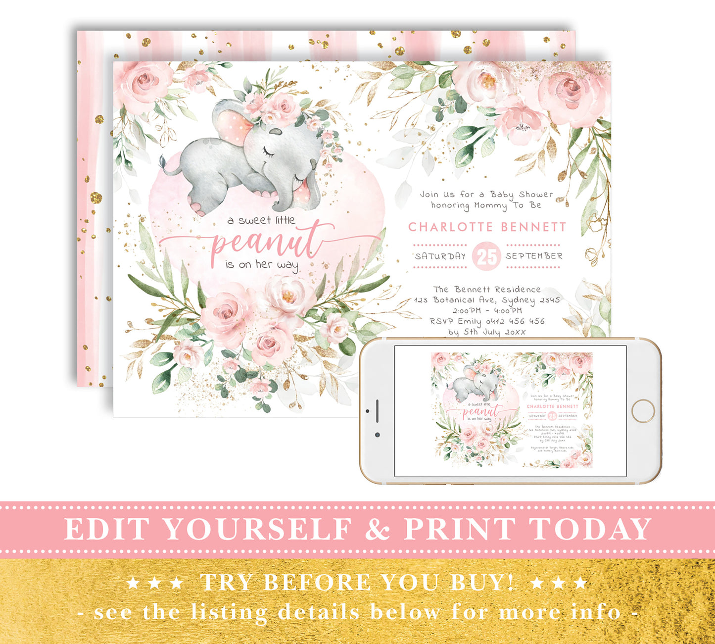 Girl Elephant Baby Shower Invitation