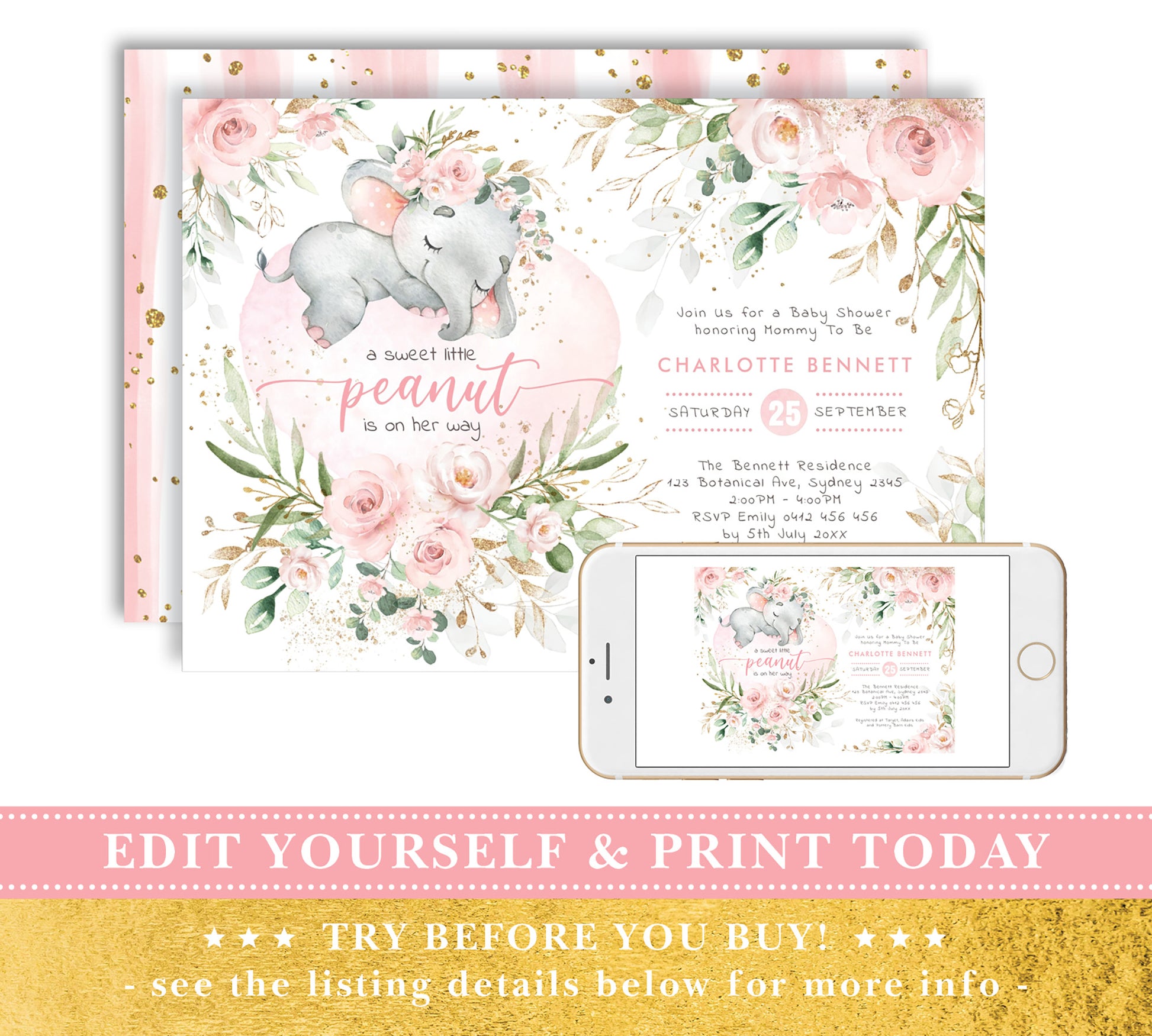 Girl Elephant Baby Shower Invitation