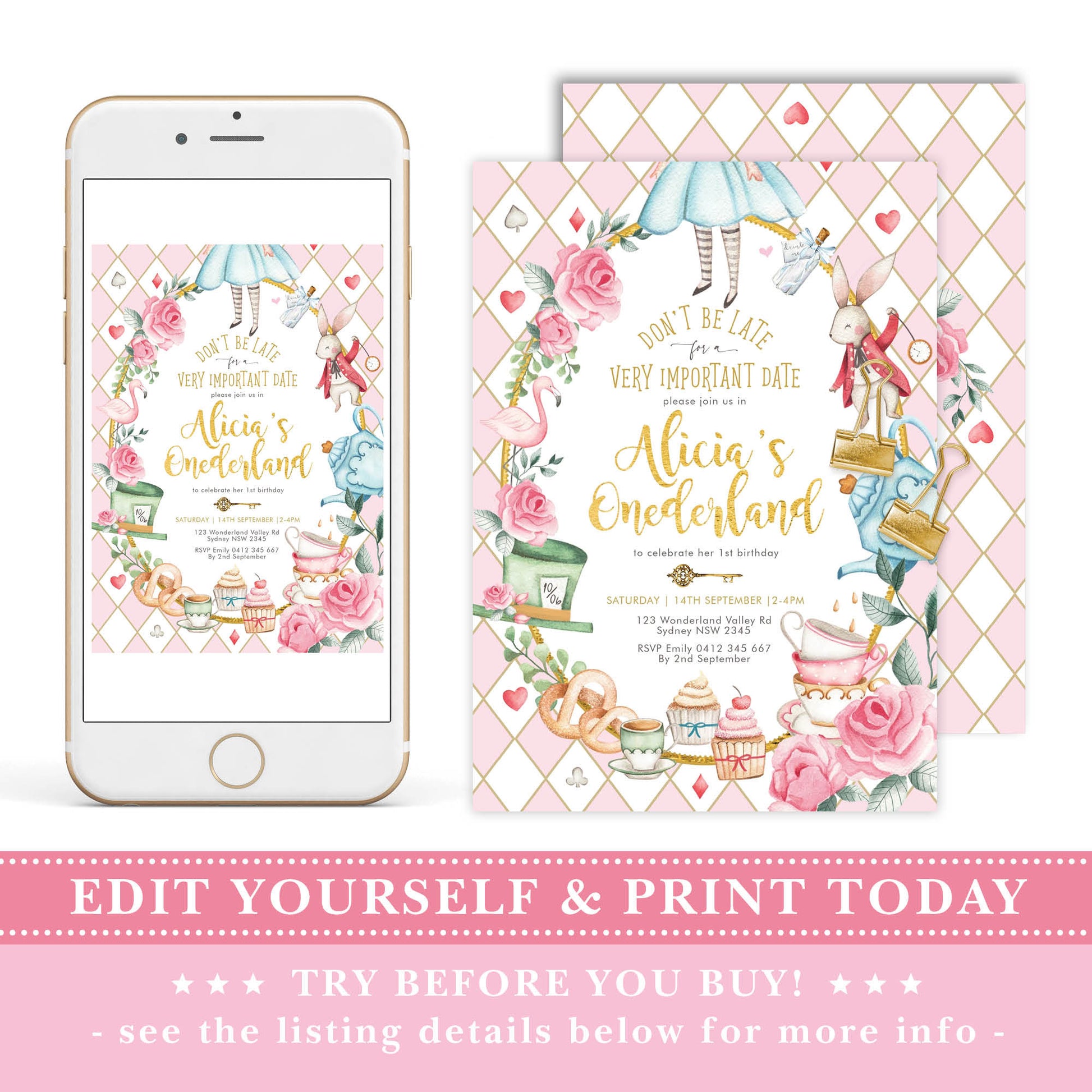 Alice in Wonderland 1st Birthday Invitation