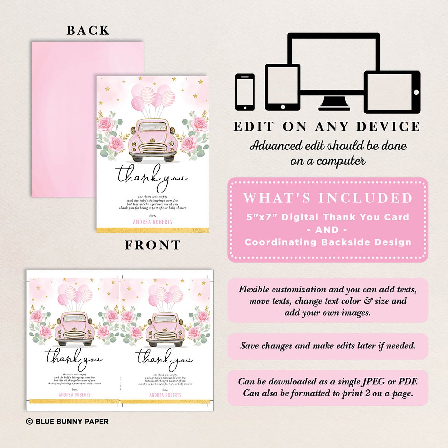 Pink Car Baby Shower Thank You Card