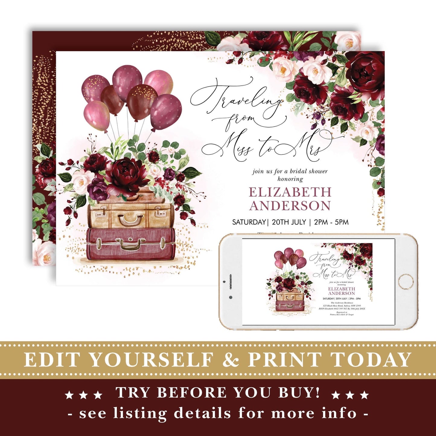 Travel Theme Bridal Shower Invite with backside