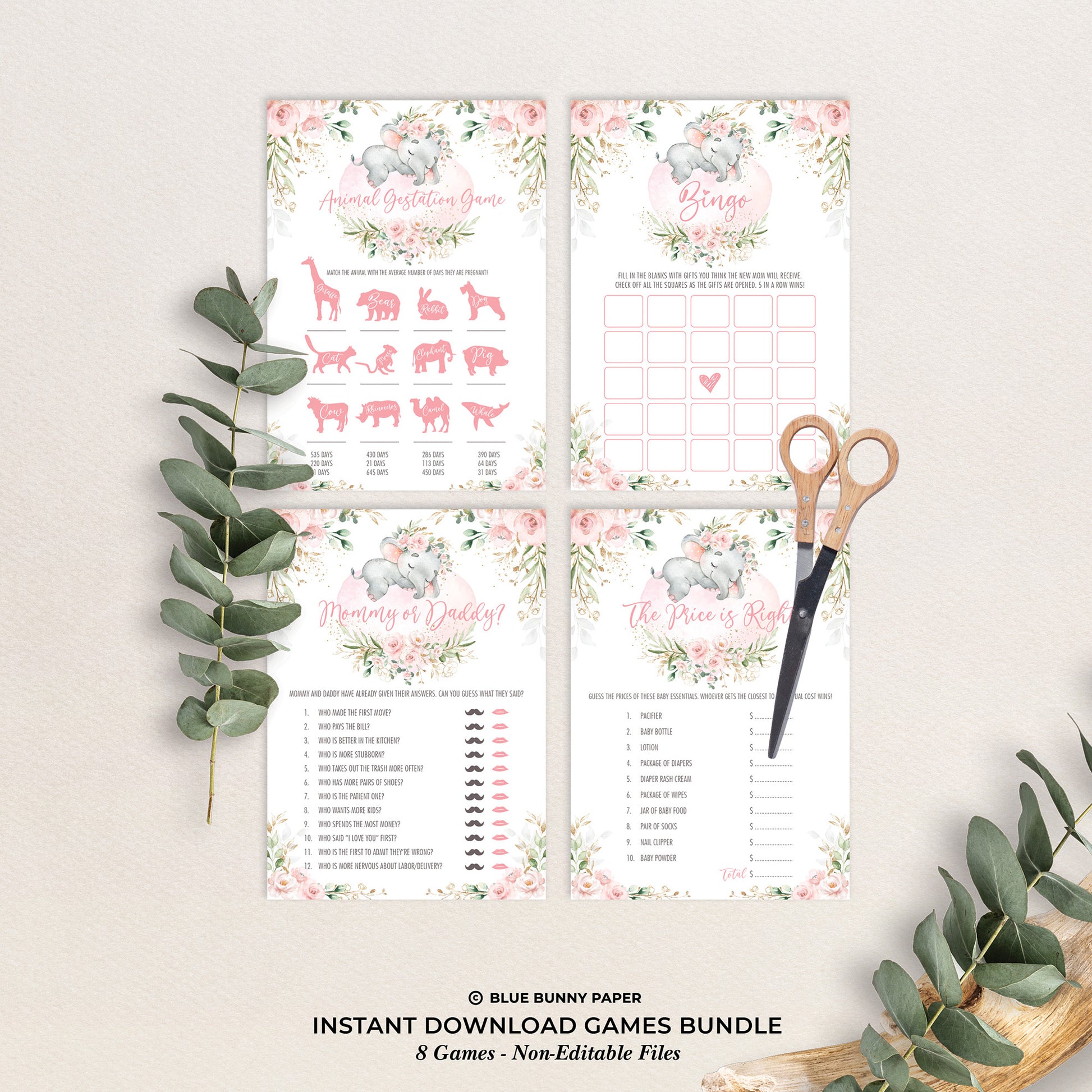 Girl Elephant Baby Shower Games Package