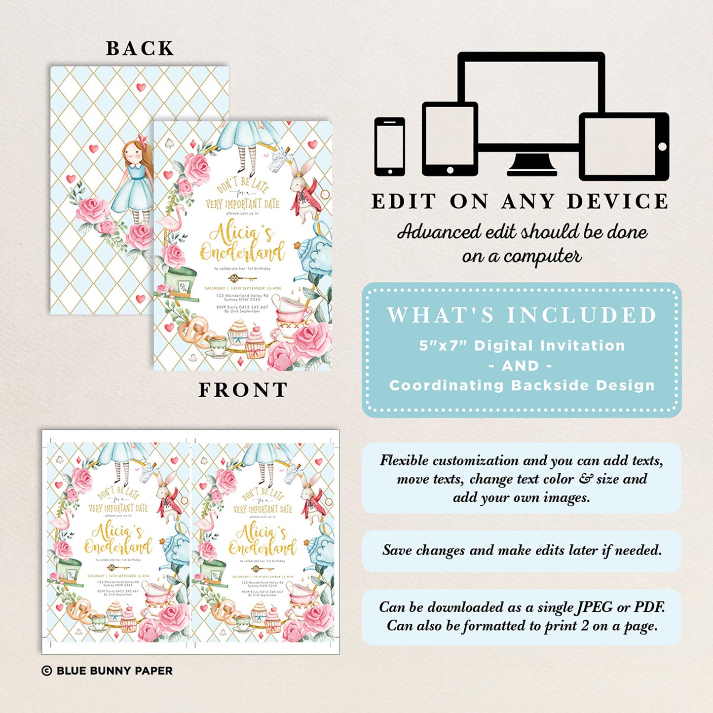 Alice in Wonderland 1st Birthday Invitation