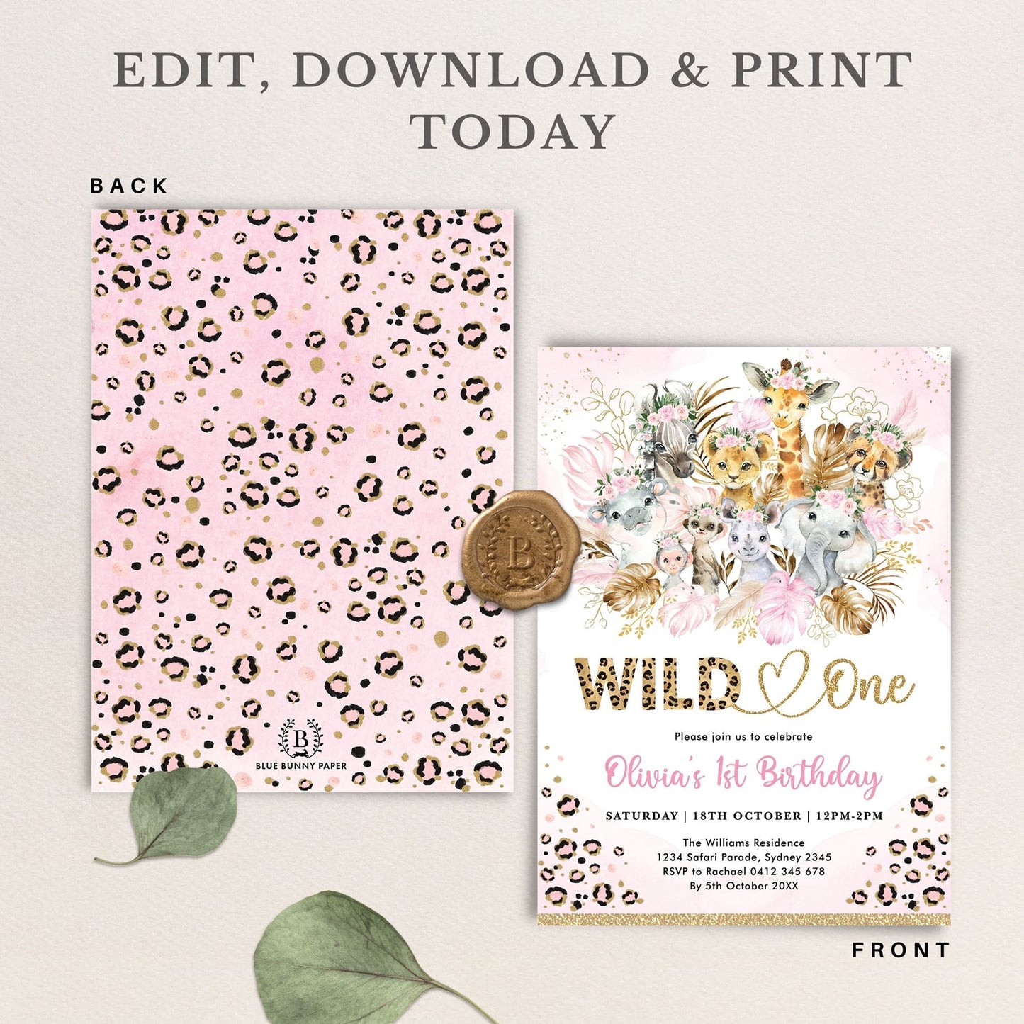 Wild One Pink Safari Birthday Invitation