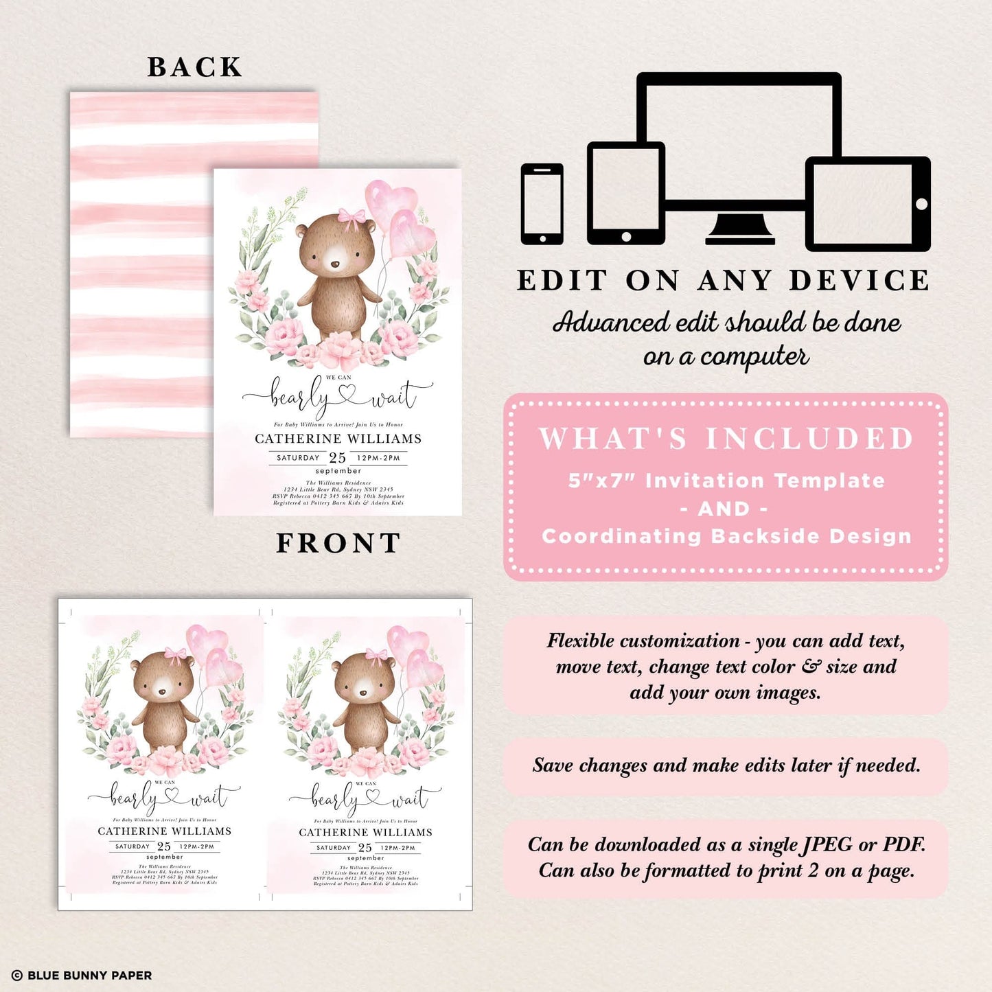 Girl Teddy Bear Baby Shower Invitation