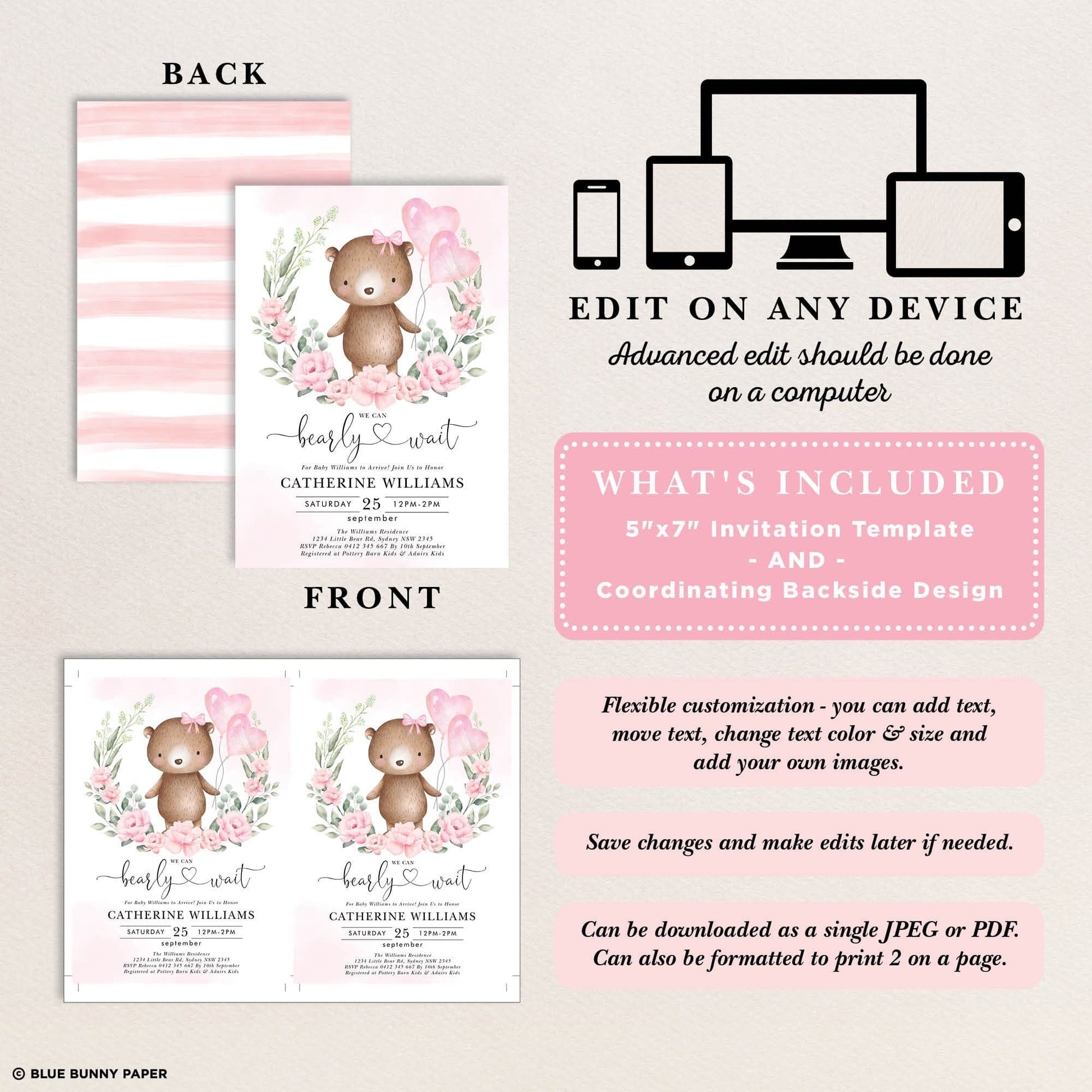 Girl Teddy Bear Baby Shower Invitation
