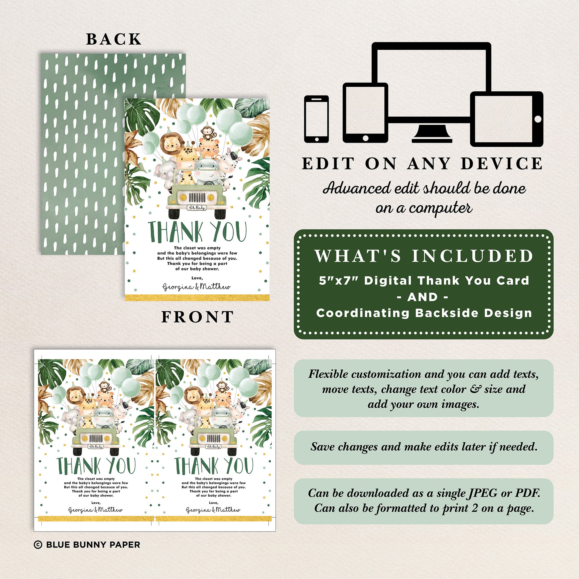 Jungle Animals Thank You Card