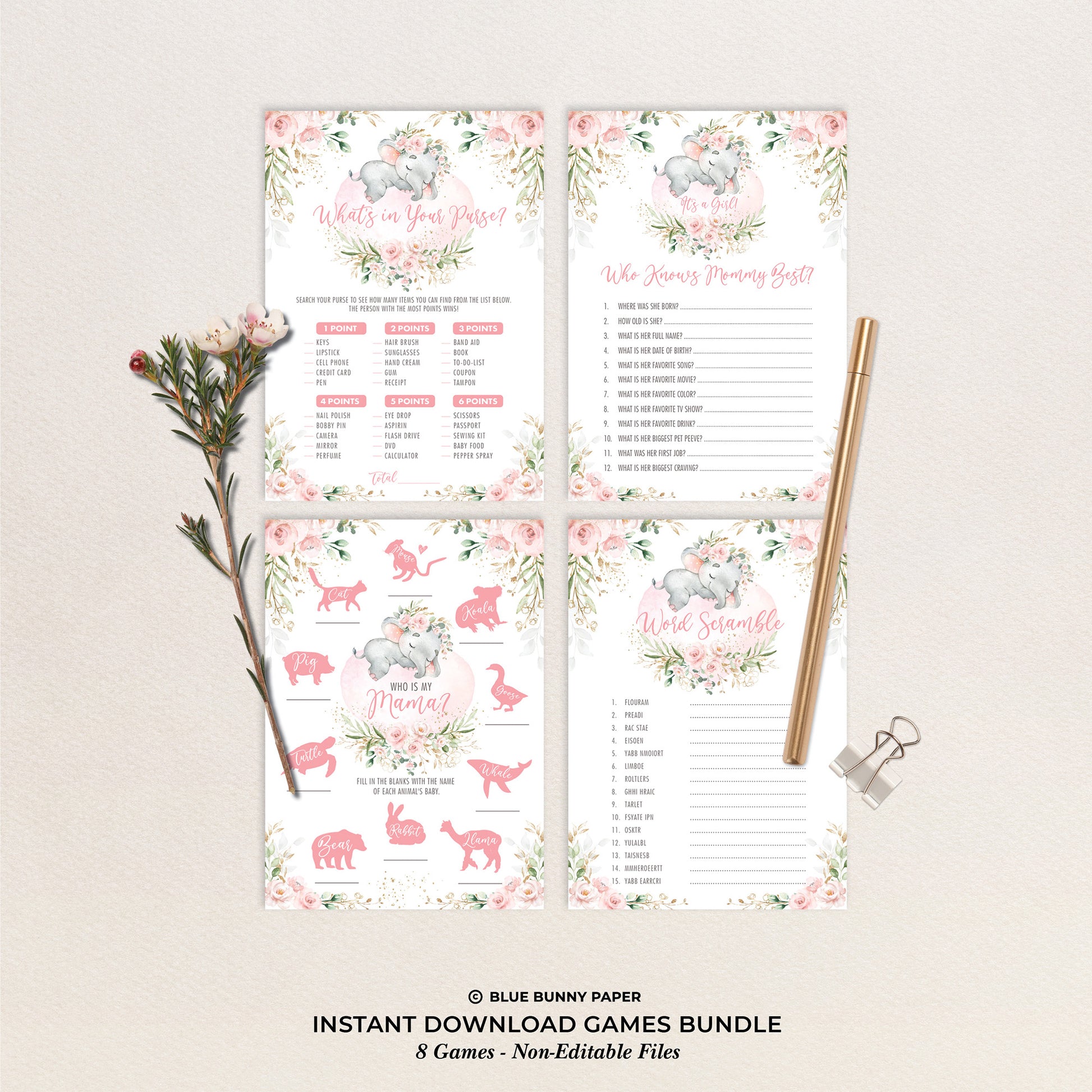 Girl Elephant Baby Shower Games Package