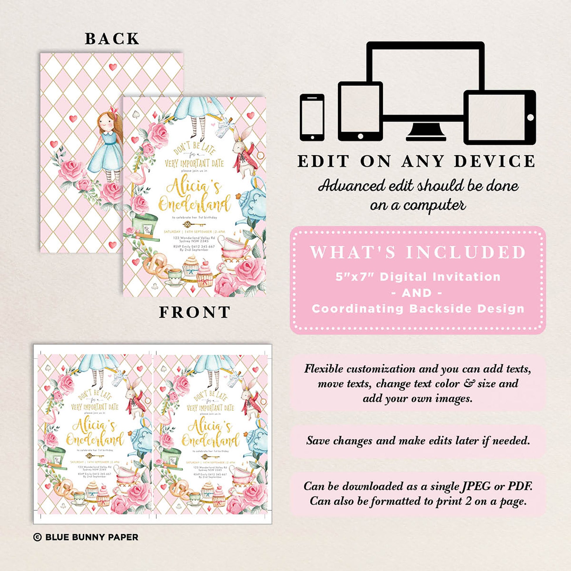 Alice in Wonderland 1st Birthday Invitation