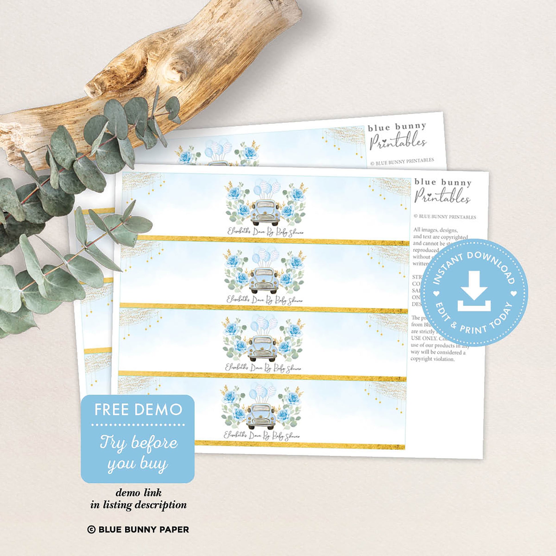 Blue Car Water Bottle Labels