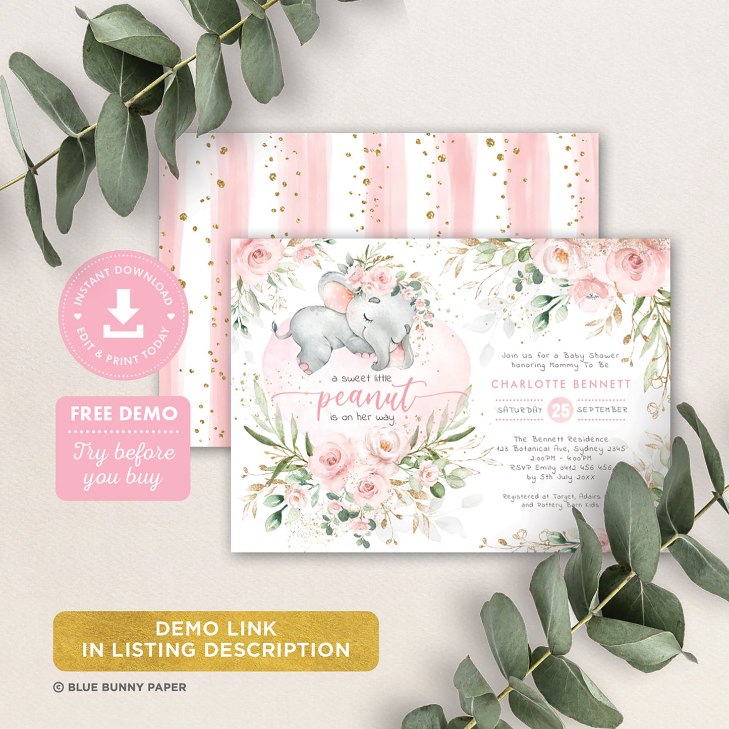 Girl Elephant Baby Shower Invitation