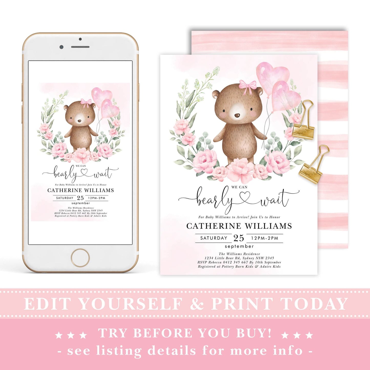 Girl Teddy Bear Baby Shower Invitation