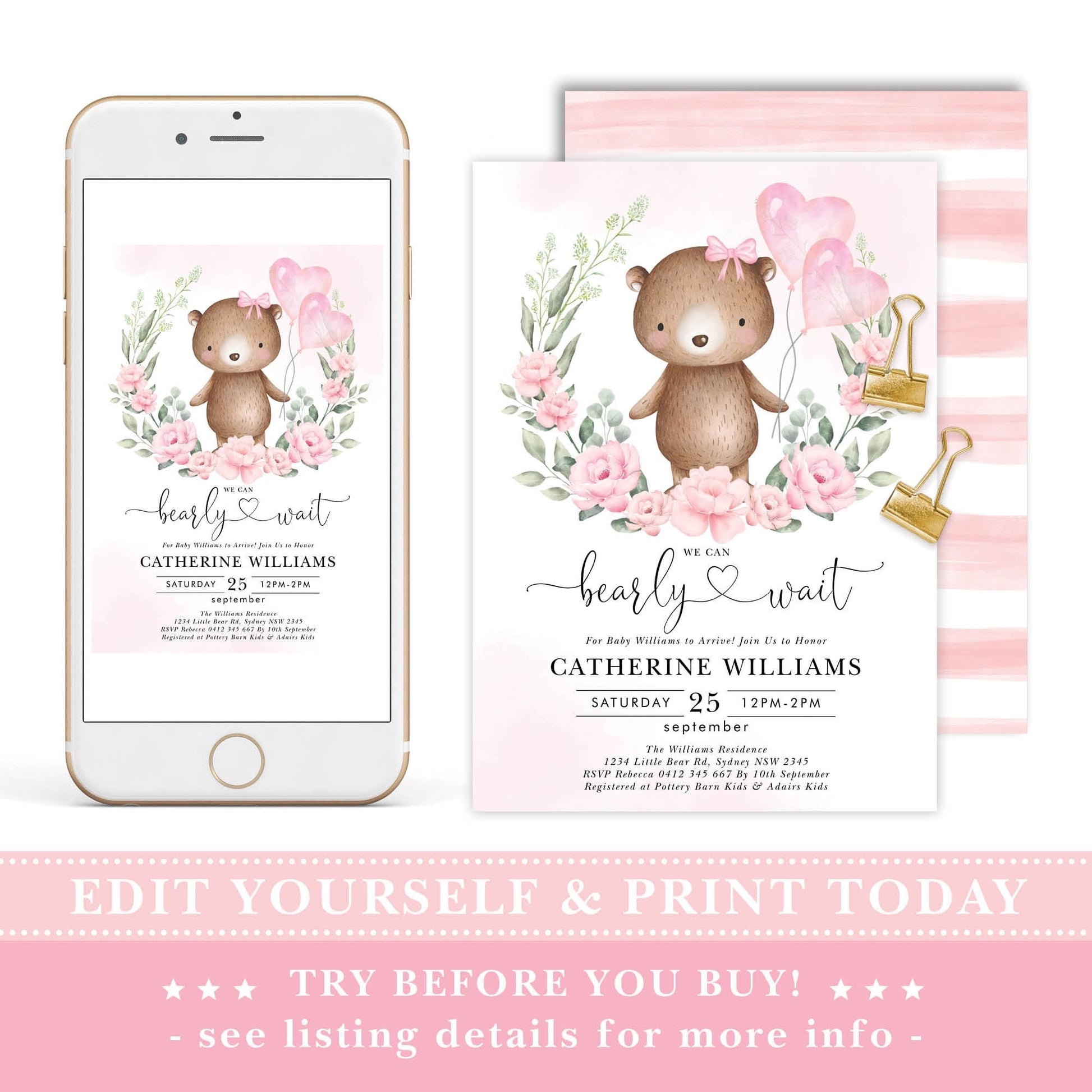 Girl Teddy Bear Baby Shower Invitation