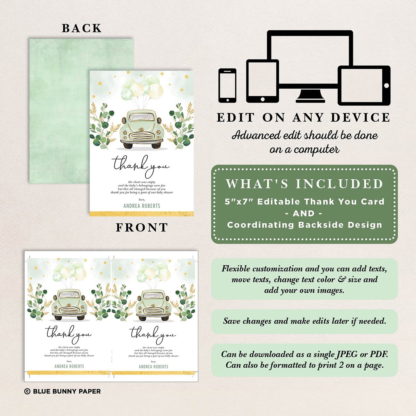Green Car Baby Shower Thank You Card