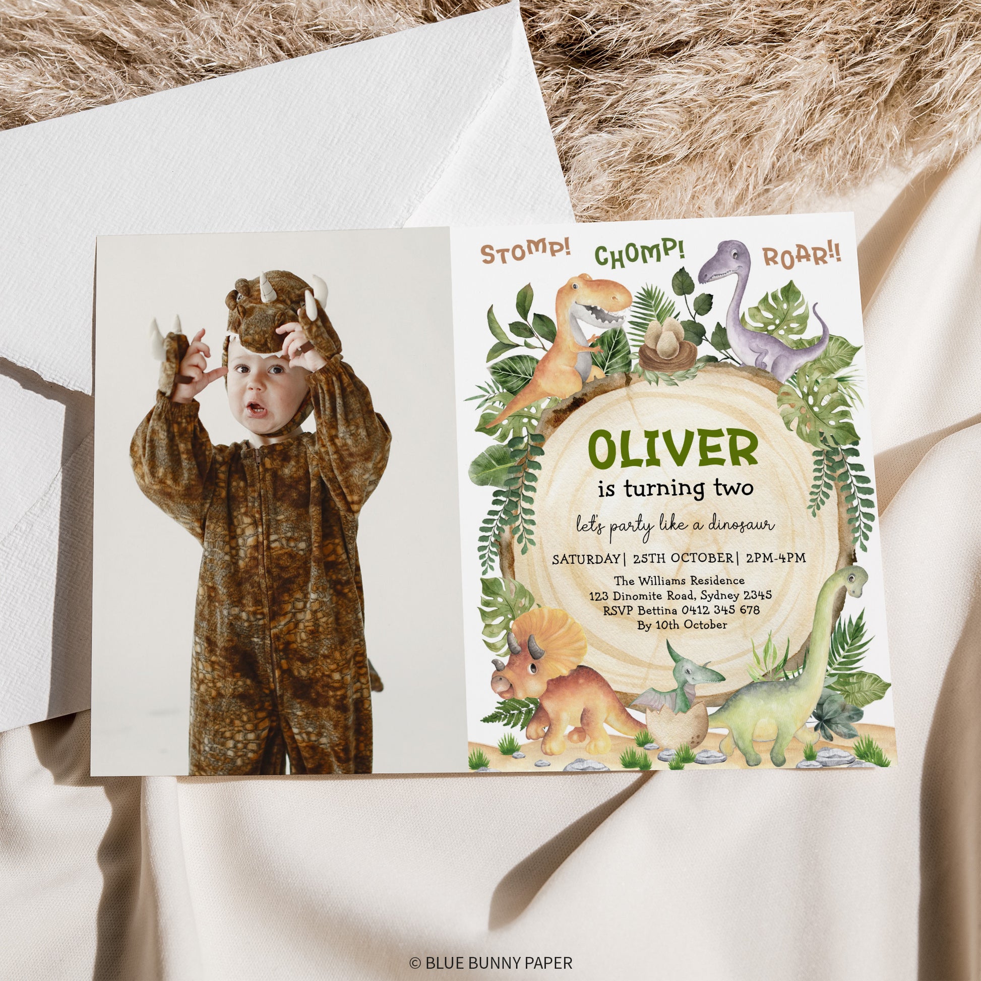 Dinosaur Birthday Photo Invitation with envelope