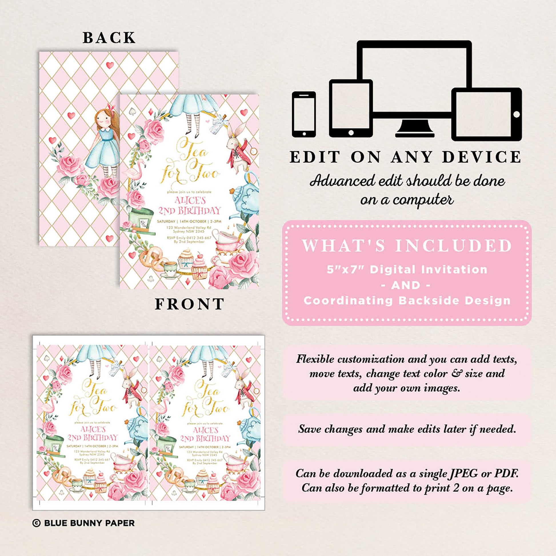 Alice in Wonderland Tea for Two Birthday Invitation