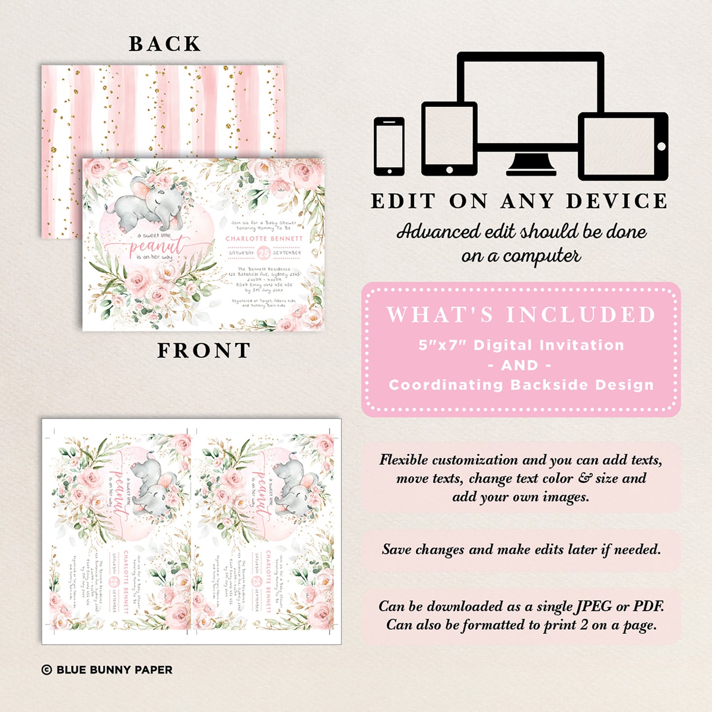 Girl Elephant Baby Shower Invitation