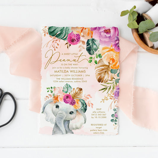 Flowers Elephant Baby Shower Invitation