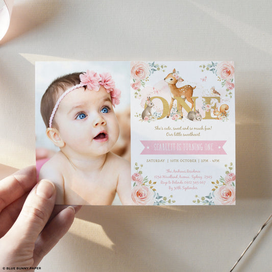 ONE - Girl Woodland First Birthday Photo Invitation