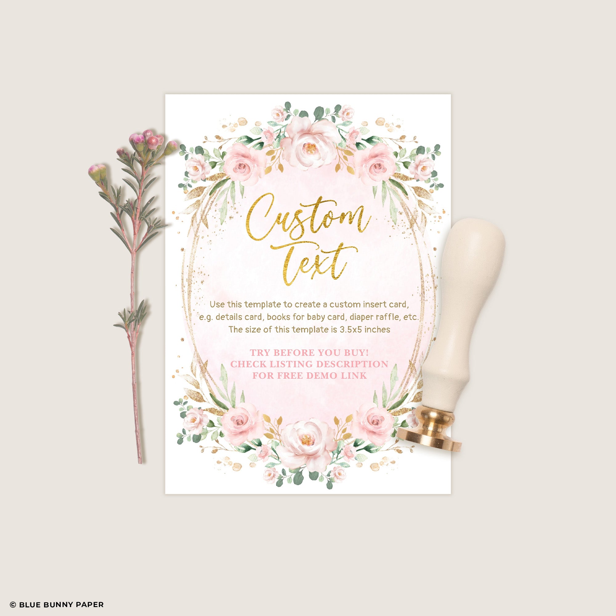 Bluecard Inserts Pink Flower Custom Editable Insert Card – Blue Bunny Paper