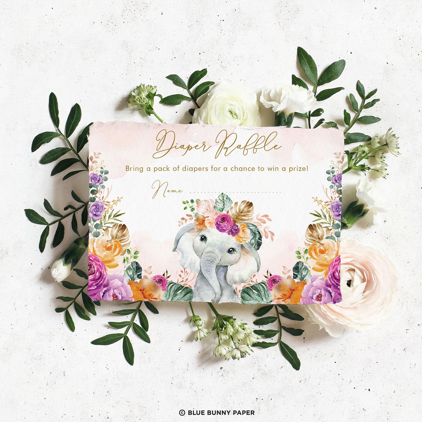 Flowers Elephant Baby Shower Diaper Raffle Card