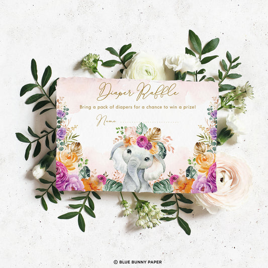 Flowers Elephant Baby Shower Diaper Raffle Card