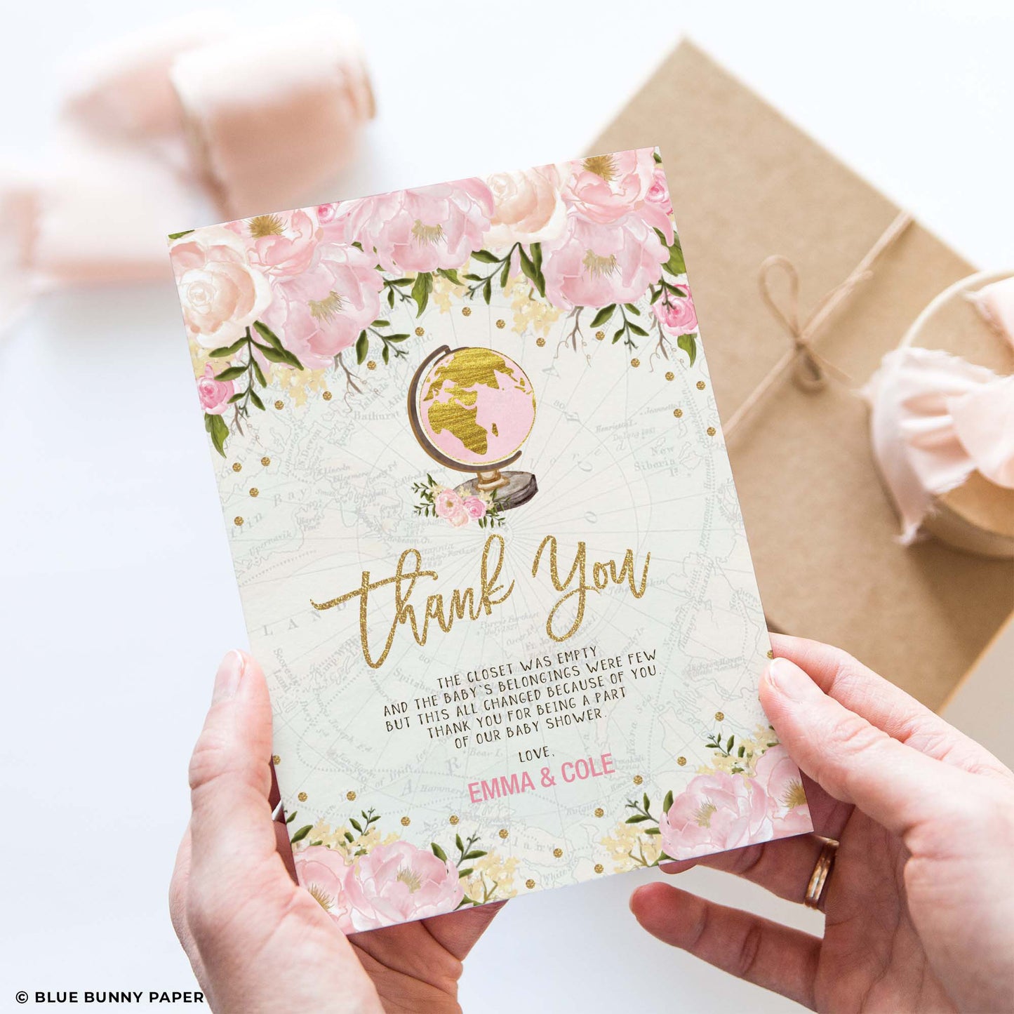 Pink Flower Travel Party Thank You Card