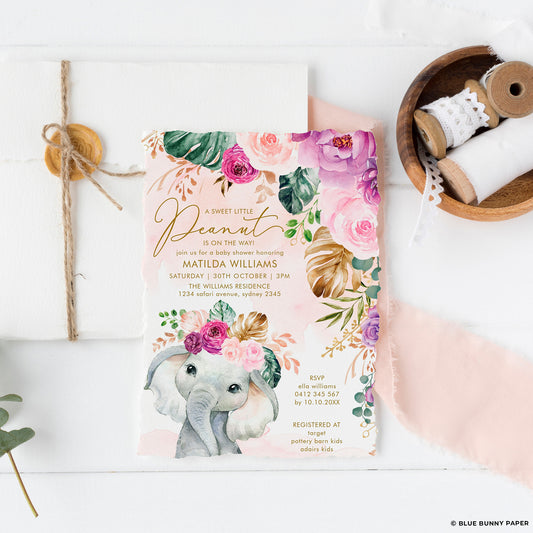 Purple Flowers Elephant Baby Shower Invitation
