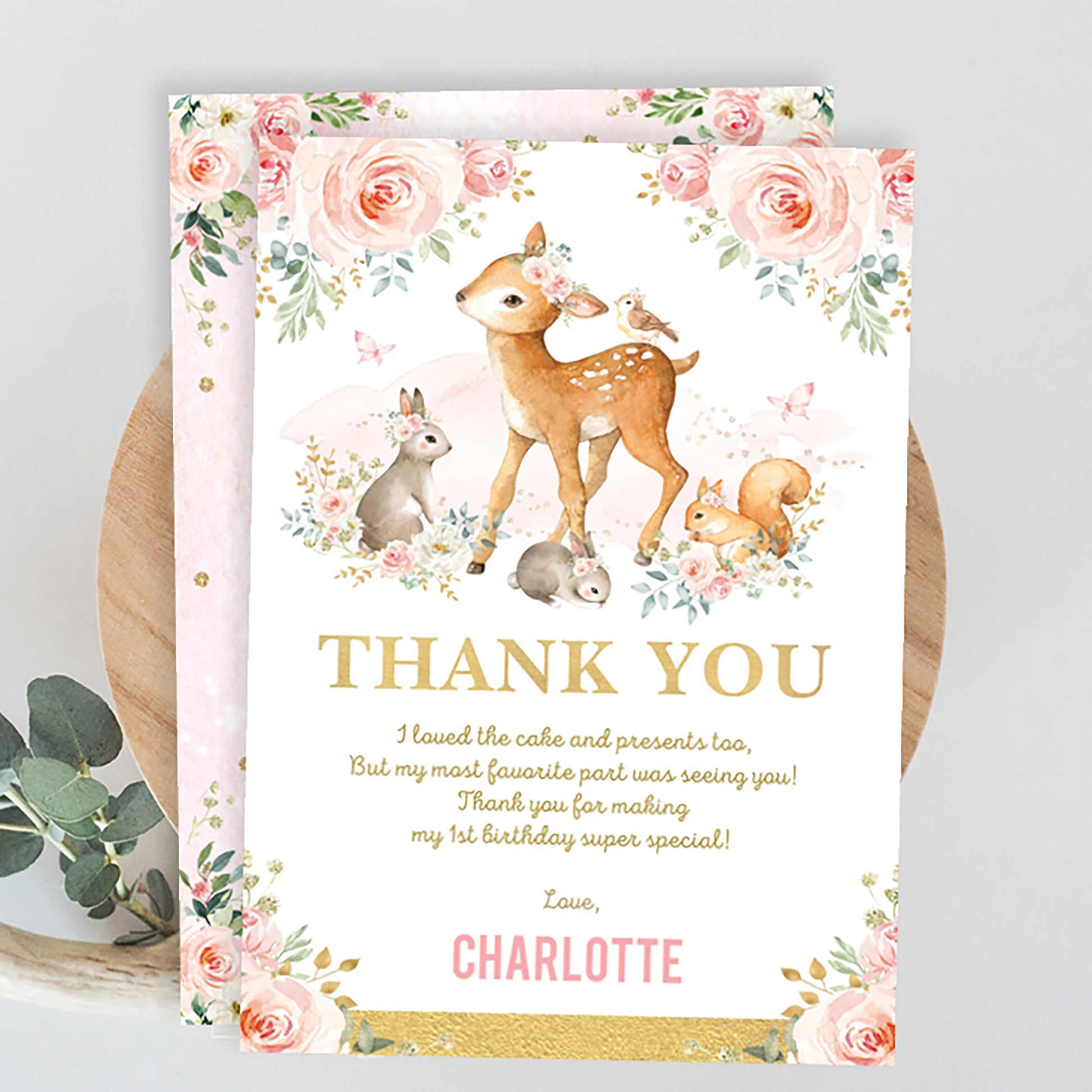 Girl Woodland Party Thank You Card