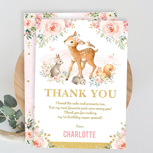 Girl Woodland Party Thank You Card