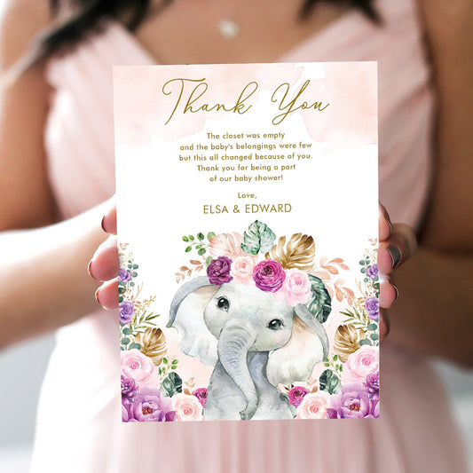 Purple Flowers Elephant Baby Shower Thank You Card