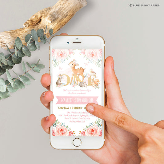 ONE - Girl Woodland Digital First Birthday Invitation