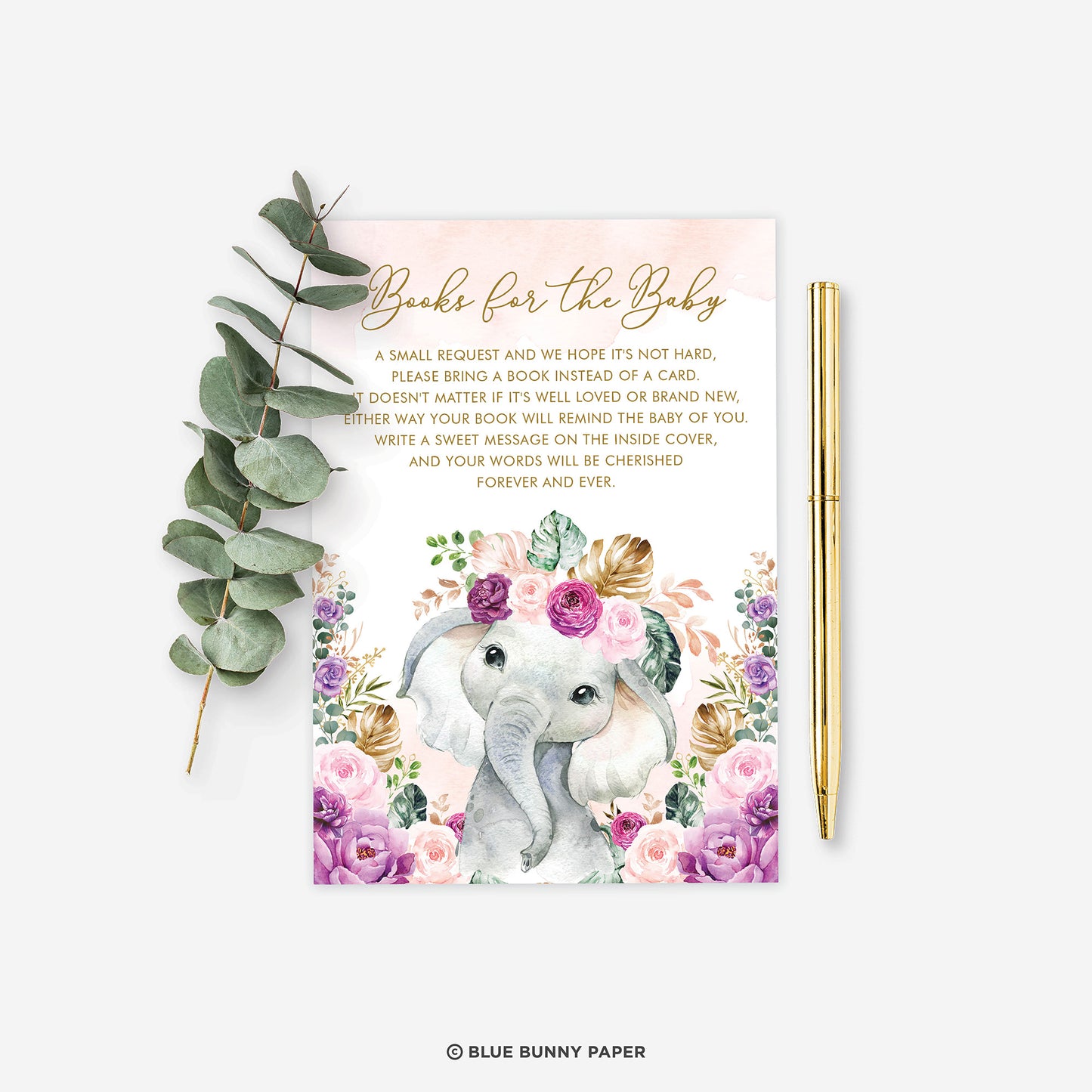 Purple Flowers Elephant Book for the Baby Insert Card