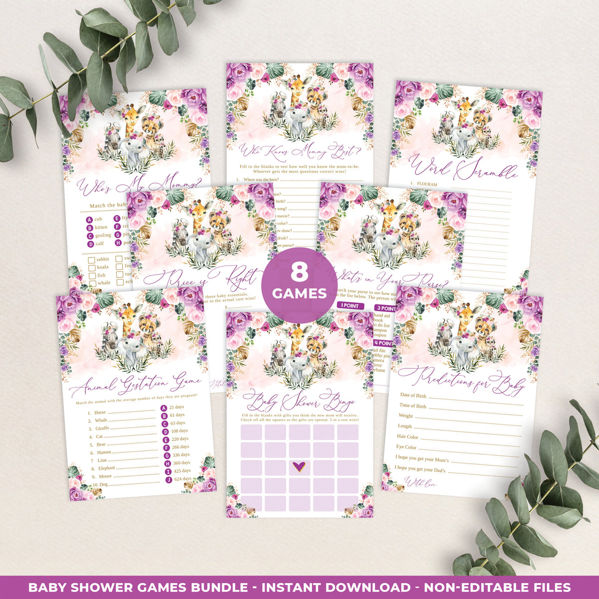 Jungle Animals Girl Baby Shower Games Bundle