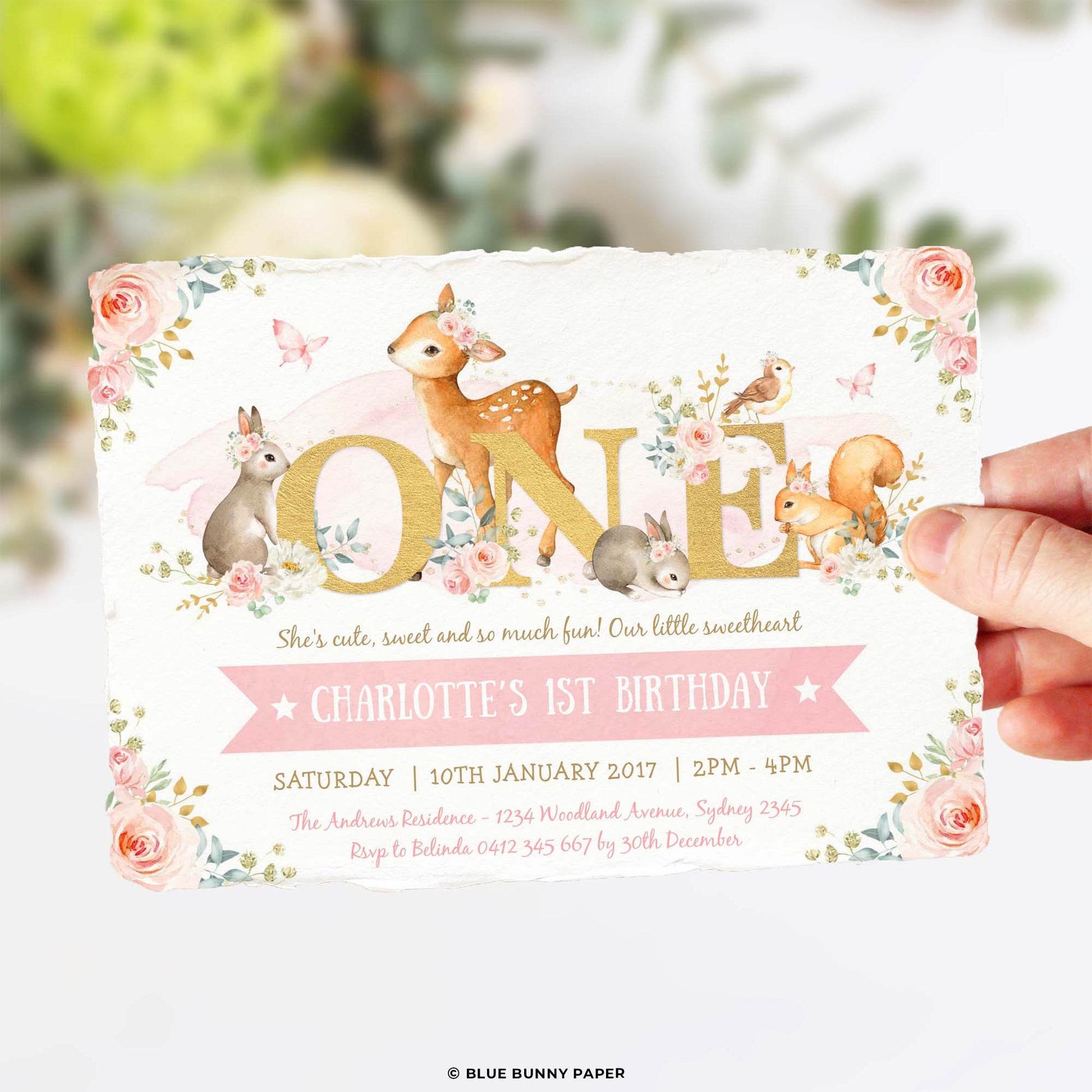 ONE - Girl Woodland First Birthday Invitation