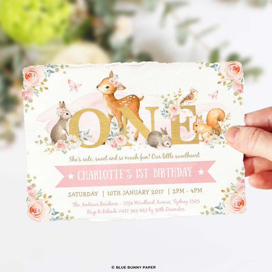 ONE - Girl Woodland First Birthday Invitation