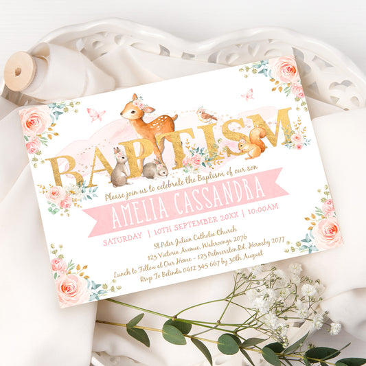 Girl Woodland Baptism Invitation