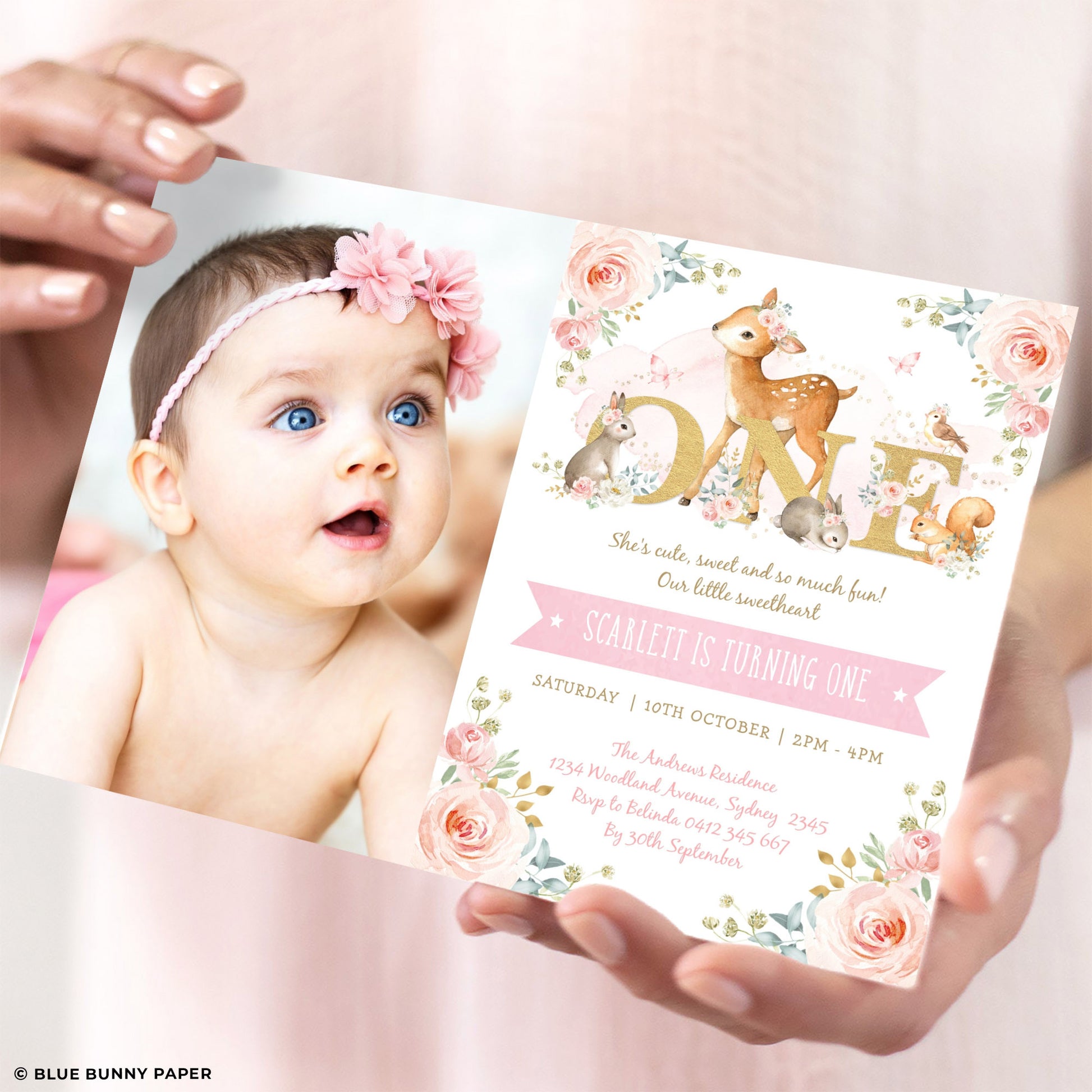 ONE - Girl Woodland First Birthday Photo Invitation