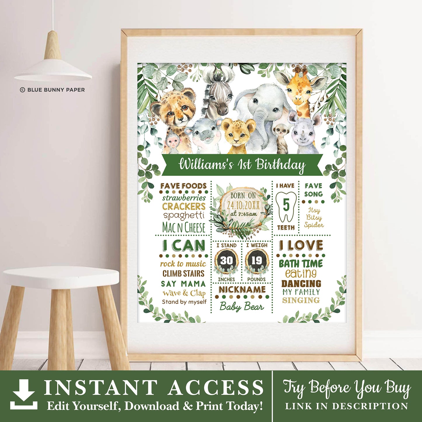 Safari First Birthday Milestone Poster