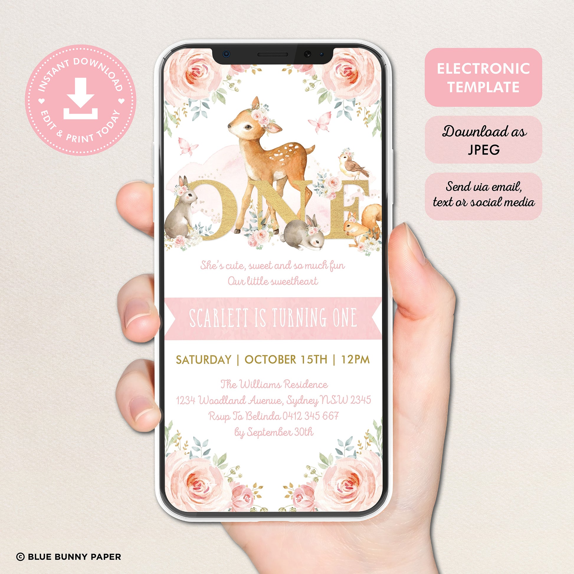 ONE - Girl Woodland Digital First Birthday Invitation